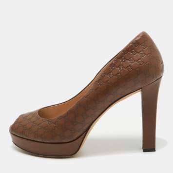 Pre Owned Gucci Brown Guccissima Leather Platform Peep Toe Pumps Size 39.5
