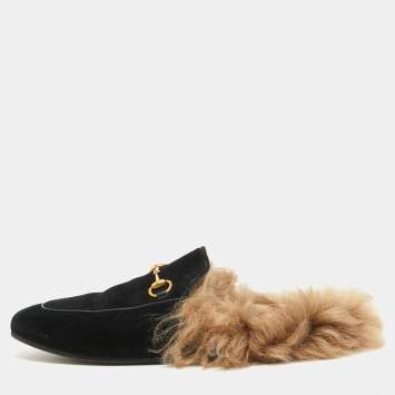 Pre Owned Gucci Black Velvet Fur Lined Princetown Flat Mules Size 38