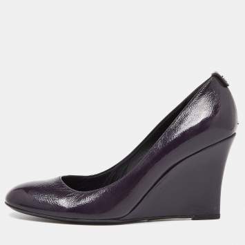 Pre Owned Gucci Purple Patent Leather Wedge Pumps Size 38