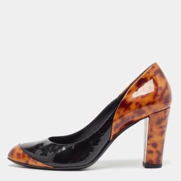 Pre Owned Gucci Black/Brown Tortoise Patent Leather Round Toe Pumps Size 38