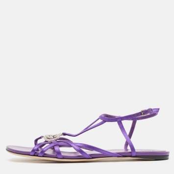 Pre Owned Gucci Purple Satin Crystal Embellished Thong Ankle Strap Flat Sandals Size 40.5