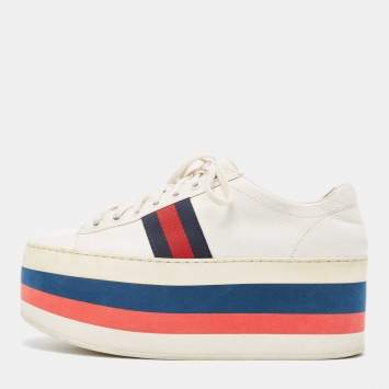 Pre Owned Gucci White Leather Ace Platform Wedge Lace Up Sneakers Size 39