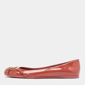 Pre Owned Gucci Brown Patent Leather GG interlocking Buckle Ballet Flats Size 38.5