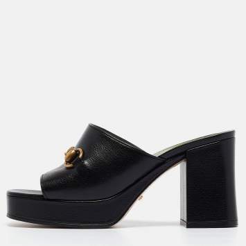Pre Owned Gucci Black Leather Horsebit Platform Slide Sandals Size 37.5