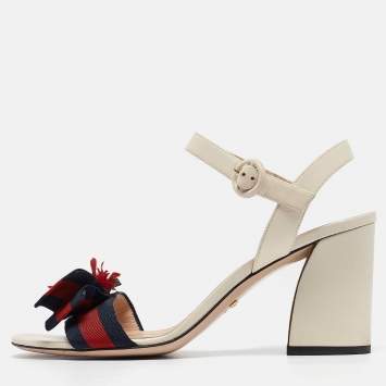 Pre Owned Gucci Cream Leather Web Bow Flower Block Heel Ankle Strap Sandals Size 39