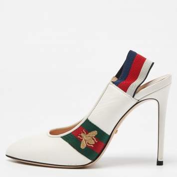 Pre Owned Gucci White Leather Sylvie Web Pointed Toe Slingback Pumps Size 39