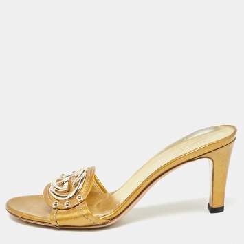 Pre Owned Gucci Gold Leather Interlocking G Slide Sandals Size 36.5