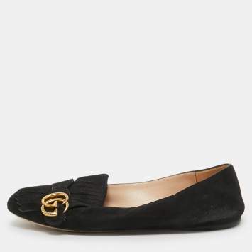 Pre Owned Gucci Black Suede GG Marmont Fringe Ballet Flats Size 40