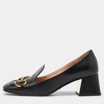Pre Owned Gucci Black Leather Horsebit Block Heel Pumps Size 38.5