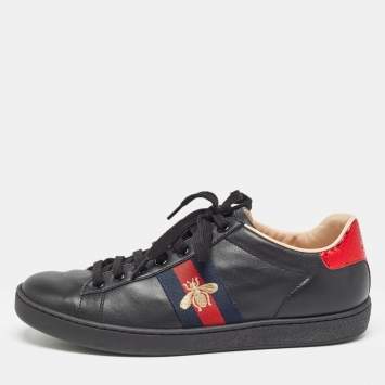 Pre Owned Gucci Black Leather Embroidered Bee Ace Sneakers Size 38
