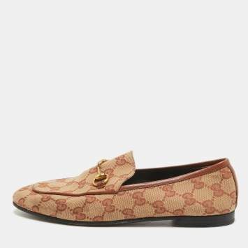 Pre Owned Gucci Beige/Brown GG Canvas Jordaan Loafers Size 36.5
