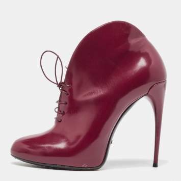 Pre Owned Gucci Plum Leather Kim Lace Up Ankle Booties Size 39.5
