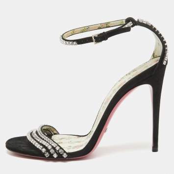 Pre Owned Gucci Black Suede Crystal Embellished Ankle Strap Sandals Size 38.5