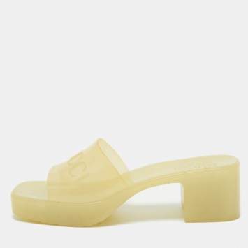 Pre Owned Gucci Light Yellow Rubber Logo Embossed Slide Sandals Size 37