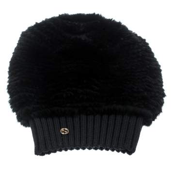 Pre Owned Gucci  Black Wool Ribbed Trim Orylag Fur Beanie