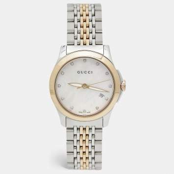 Pre Owned Gucci Mother of Pearl Two-Tone Stainless Steel Diamonds G-Timeless YA126514 Women's Wristwatch 27 mm