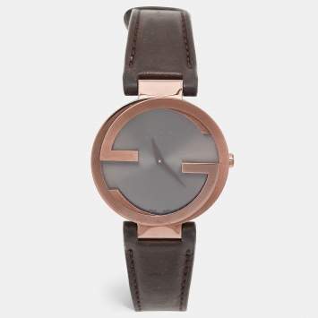Pre Owned Gucci Slate Brown PVD Stainless Steel Leather Interlocking G YA133309 Women's Wristwatch 37 mm