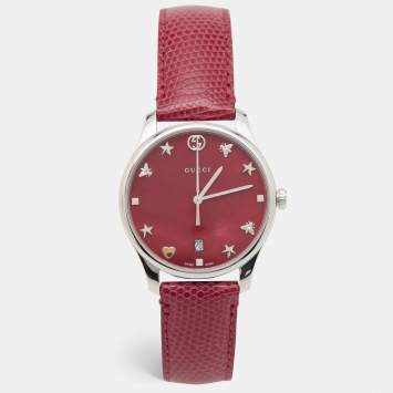 Pre Owned Gucci Red Mother Of Pearl Stainless Steel Lizard Skin Leather G-Timeless 126.4 Women's Wristwatch 36 mm