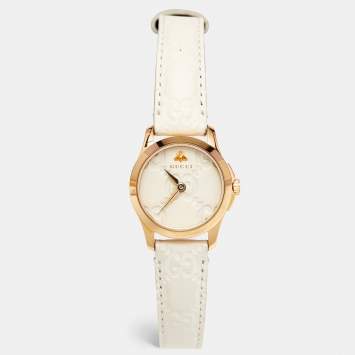Gucci Cream Gold Plated Stainless Steel Leather G-Timeless 126.5 Women's Wristwatch 27 mm