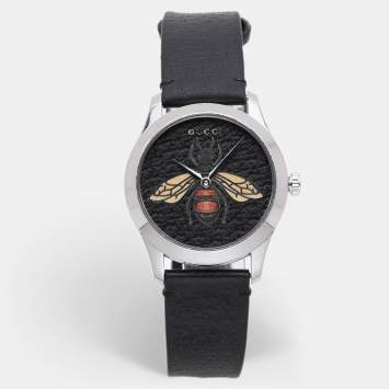 Gucci Black Stainless Steel G-Timeless 17237419 Leather Strap Women's Wristwatch 38 mm
