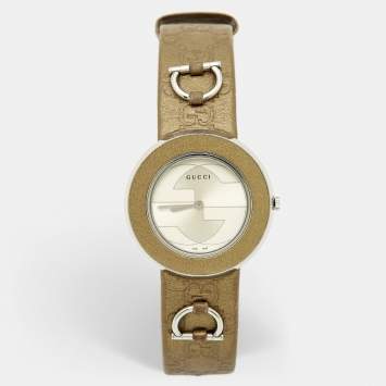 Pre Owned Gucci Silver Dial Stainless Steel Leather U-Play 129.4 Women's Wristwatch 35 mm