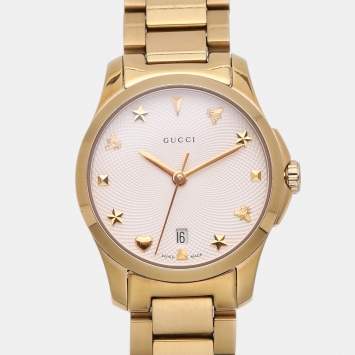 Pre Owned Gucci Cream Gold Plated Stainless Steel G-Timeless 126.5 Women's Wristwatch 28 mm
