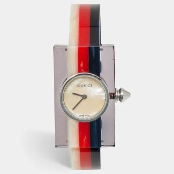 Pre Owned Gucci Web 143.5 Mother Of Pearl Dial Acetate Stainless Steel Women's Wristwatch 24 mm