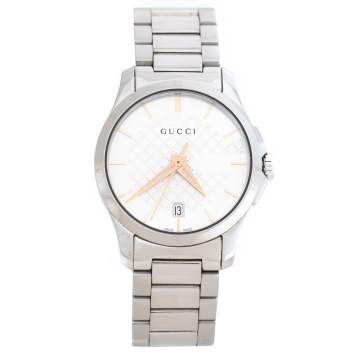 Pre Owned Gucci Silver White Stainless Steel G-Timeless 126.5 Women's Wristwatch 27 mm