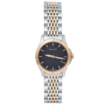Pre Owned Gucci Black Two Tone Stainless Steel G-Timeless YA126512 Women's Wristwatch 27 mm