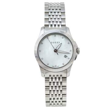 Pre Owned Gucci Mother Of Pearl Stainless Steel Diamond G-Timeless YA126504 Women's Wristwatch 27 mm