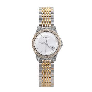 Gucci Silver Diamonds Two-Tone Stainless Steel G-Timeless 126.5 Women's Wristwatch 27 mm