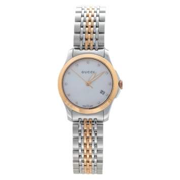 Gucci Mother of Pearl Two-Tone Stainless Steel Diamonds G-Timeless YA126514 Women's Wristwatch 27 mm