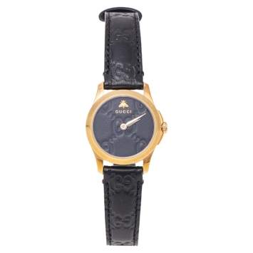 Pre Owned Gucci Black Gold Plated Stainless Steel Leather G-Timeless 126.5 Women's Wristwatch 27 mm