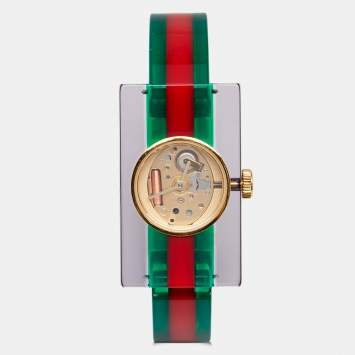 Pre Owned Gucci Skeleton Plexiglass Gold Plated Stainless Steel 143.5 Women's Wristwatch 24 mm