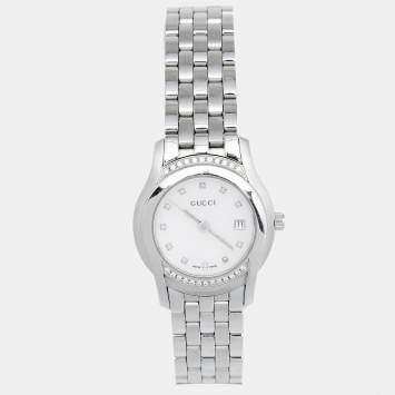Pre Owned Gucci Mother of Pearl Stainless Steel Diamond G-Class YA055510 Women's Wristwatch 27 mm