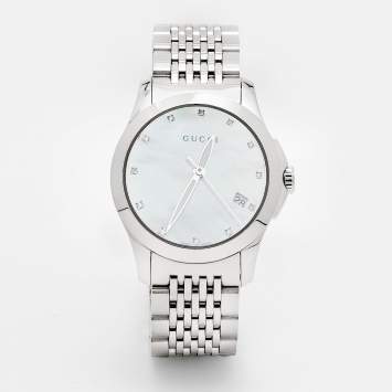 Pre Owned Gucci Mother Of Pearl Stainless Steel Diamond G-Timeless YA126504 Women's Wristwatch 27 mm