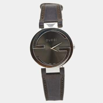 Pre Owned Gucci Grey Stainless Steel Leather Interlocking G 133.3 Women's Wristwatch 37 mm