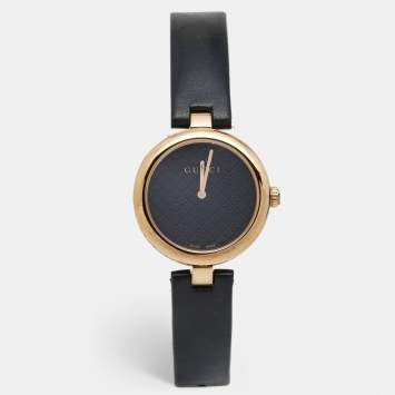 Pre Owned Gucci Black Rose Gold Plated Stainless Steel Leather Diamantissima YA141401 Women's Wristwatch 32 mm