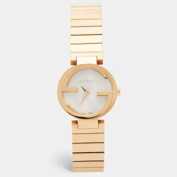 Pre Owned Gucci Mother Of Pearl Rose Gold Tone Stainless Steel Interlocking YA133515 Women's Wristwatch 29 mm