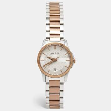 Pre Owned Gucci Silver Two-Tone Stainless Steel G-Timeless YA126564 Women's Wristwatch 27 mm
