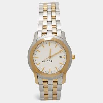 Pre Owned Gucci White Two Tone Stainless Steel 5500XL YA055216 Unisex Wristwatch 38 mm 