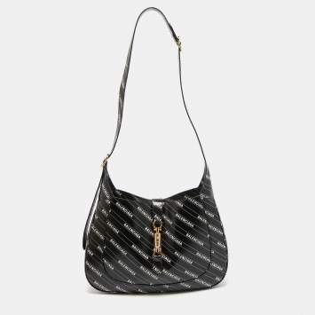 Pre Owned Gucci x Balenciaga Black/White Leather Medium The Hacker Project Jackie 1961 Hobo