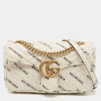 Pre Owned Gucci x Balenciaga Off White/Black Matelassé Leather GG Marmont The Hacker Project Bag