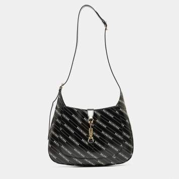 Pre Owned Gucci x Balenciaga Black/White Leather Medium The Hacker Project Jackie 1961 Hobo
