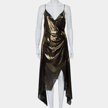 Pre Owned Haney Metallic Gold Lame' Faux Wrap Asymmetrical Hem Dress M