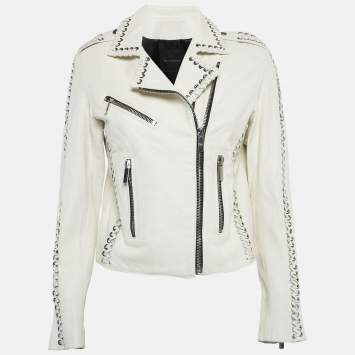 مملوكة مسبقًا Nour Hammour White Leather Lace-Up Detail Jacket S