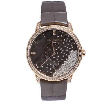 Pre Owned Harry Winston Chocolate  Brown Mother of Pearl 18K Rose Gold Diamond Alligator Leather Midnight MIDQMP39RR004 Women's Wristwatch 39 mm