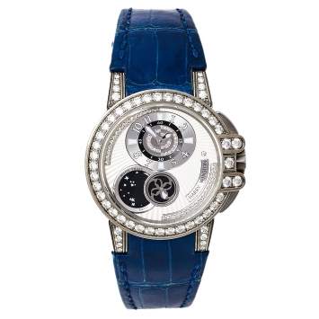 Pre Owned Harry Winston Silver Zalium Leather Diamond Ocean Lady Z Moonphase 400-UAMP36Z Women's Wristwatch 35 mm