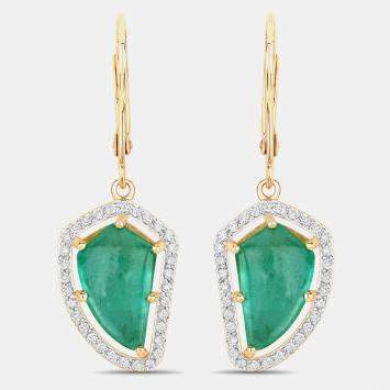 Pre Owned 7.05 cts Colombian Emerald and Diamond 14K Yellow Gold Statement Earrings
