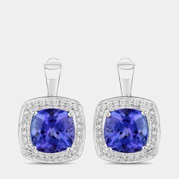 Pre Owned 5.50 cts Tanzanite and Diamond 14K White Gold Halo Earrings